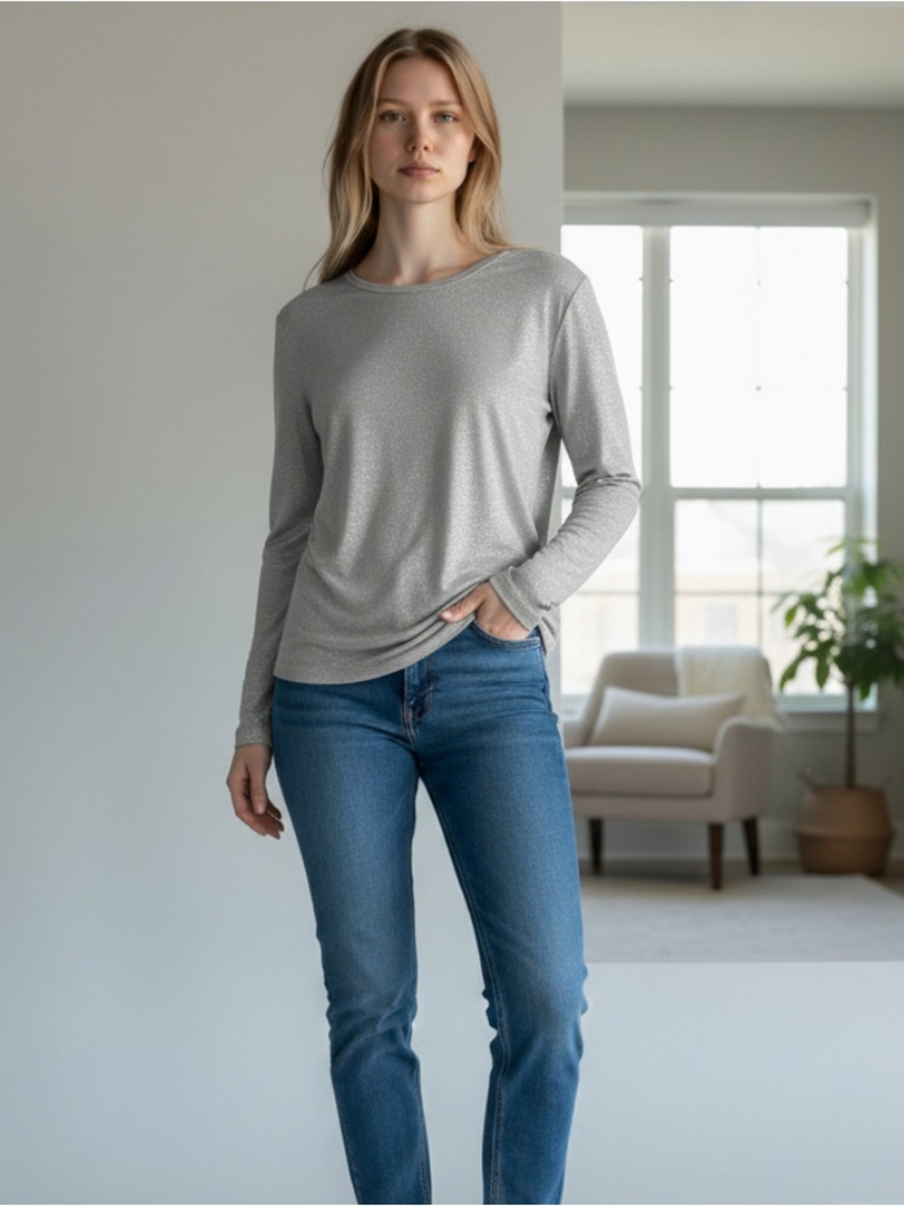 Talbots Silver Metallic Long Sleeve Crew Neck Top